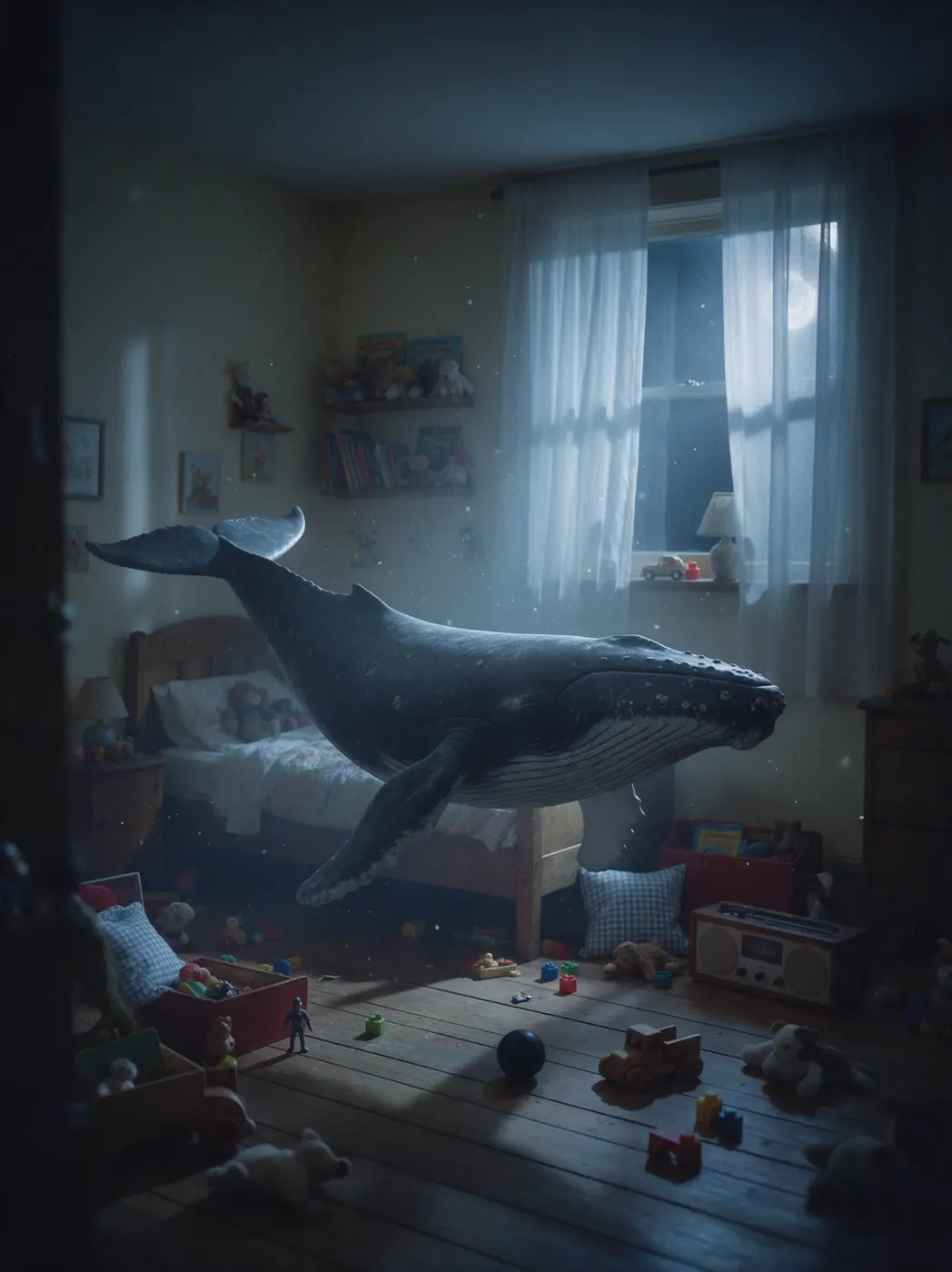 A whale drifting through a child's moonlit bedroom