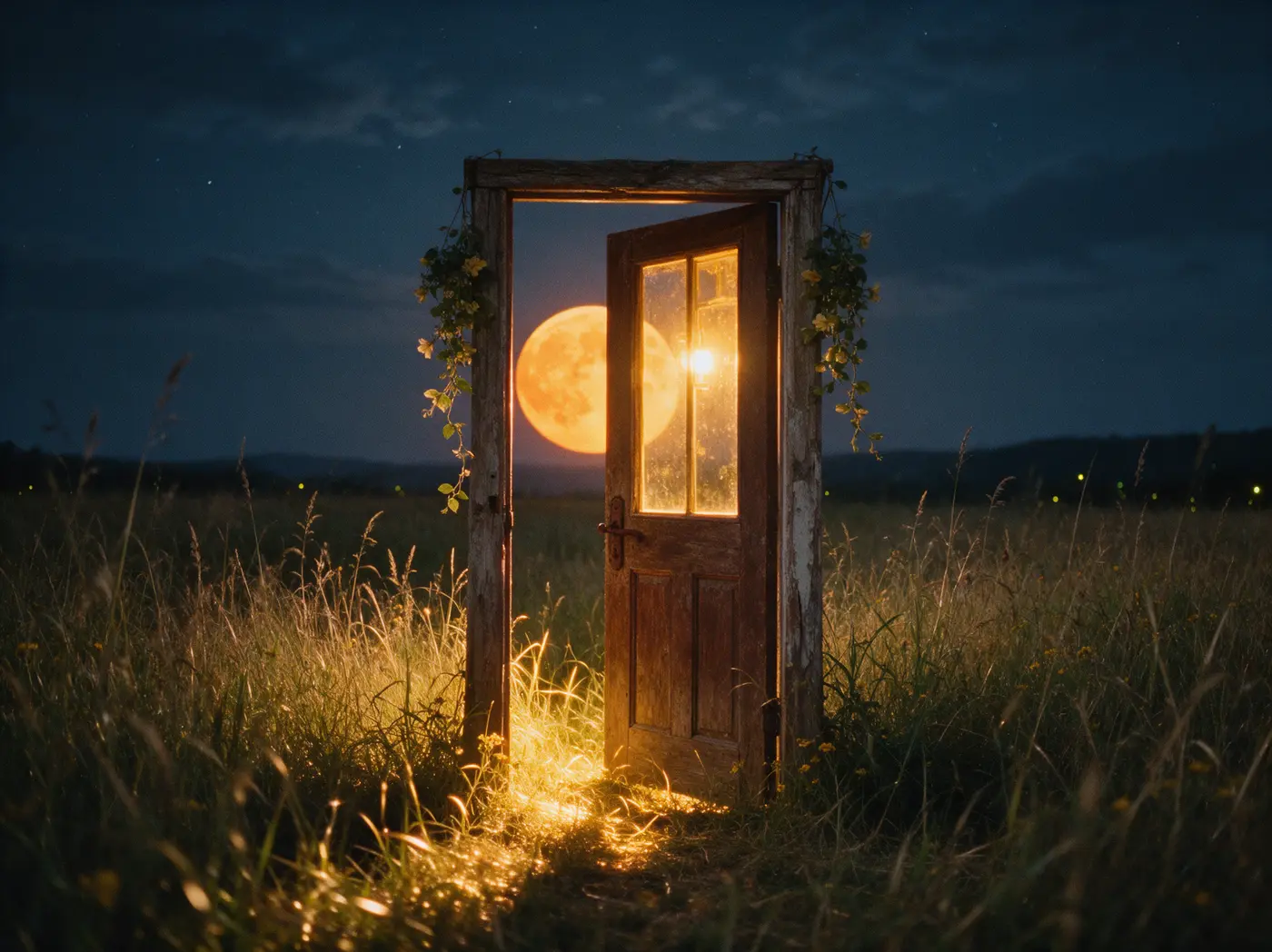 A lone door in a field at night, warm light behind it