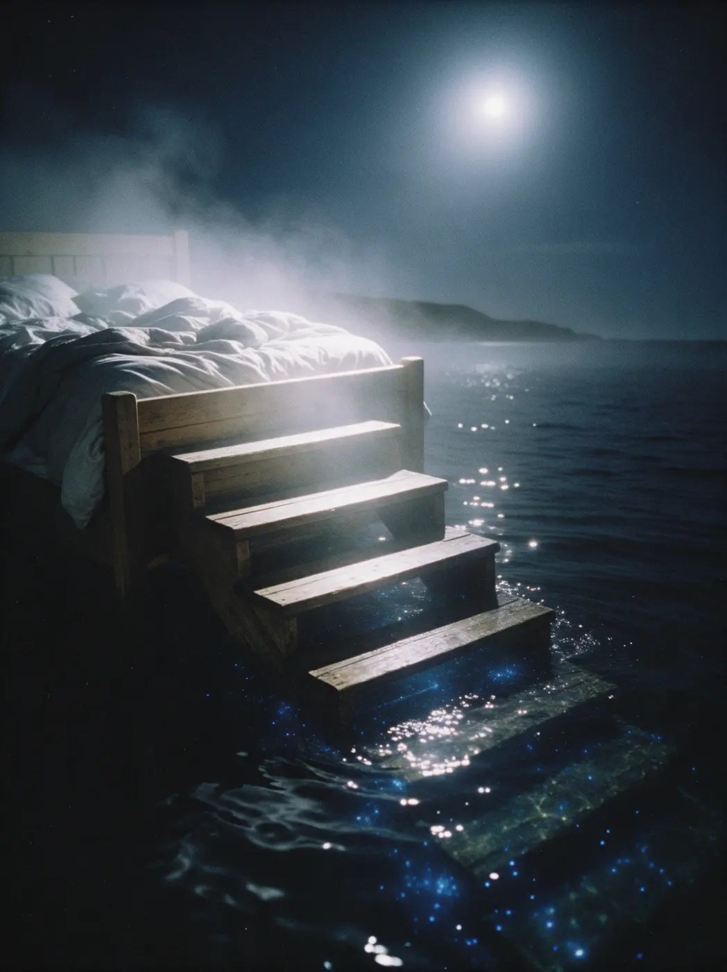 Wooden stairs descending from a bed into a dark sea