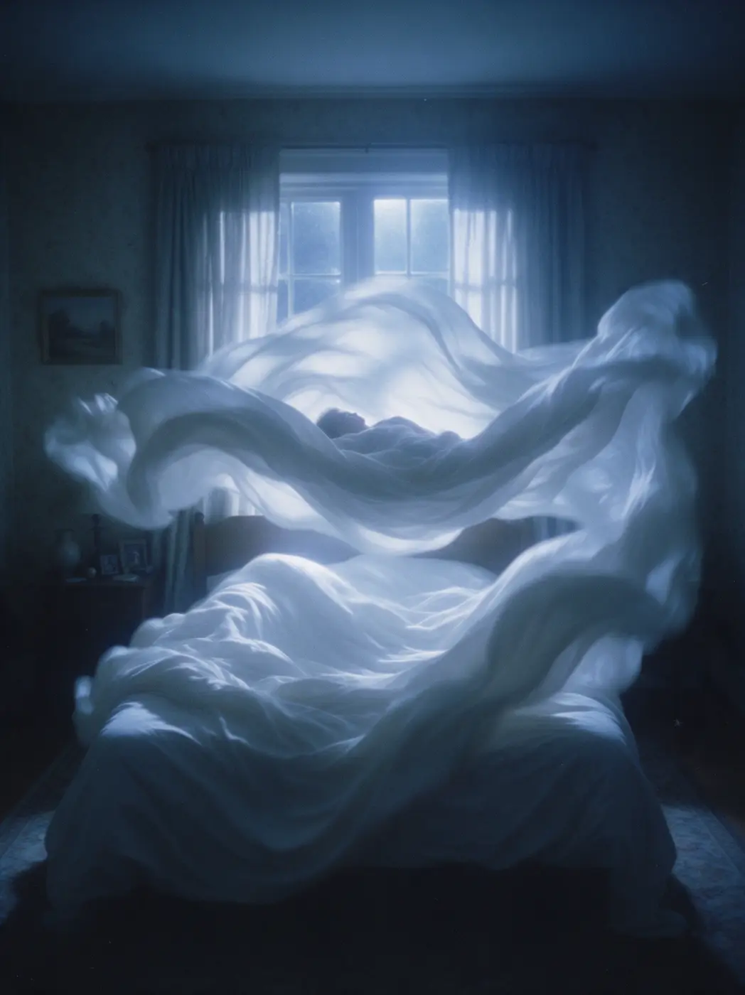 Bedsheets lifting off a bed and floating like water