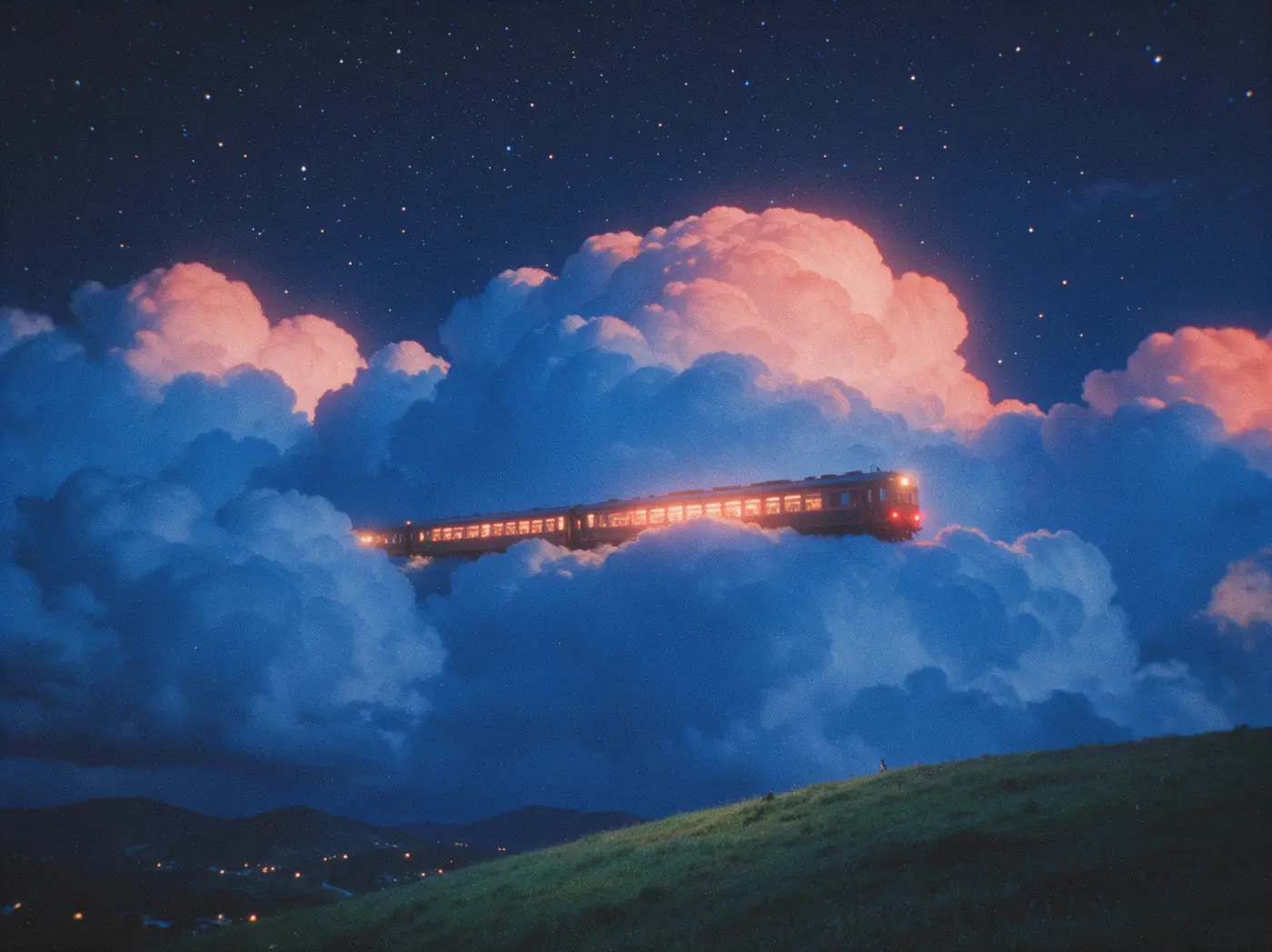 A lit train crossing a sky of coral and blue clouds