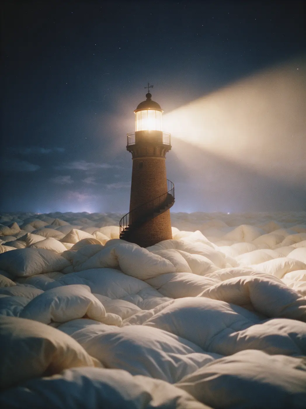A lighthouse rising out of a sea of pillows