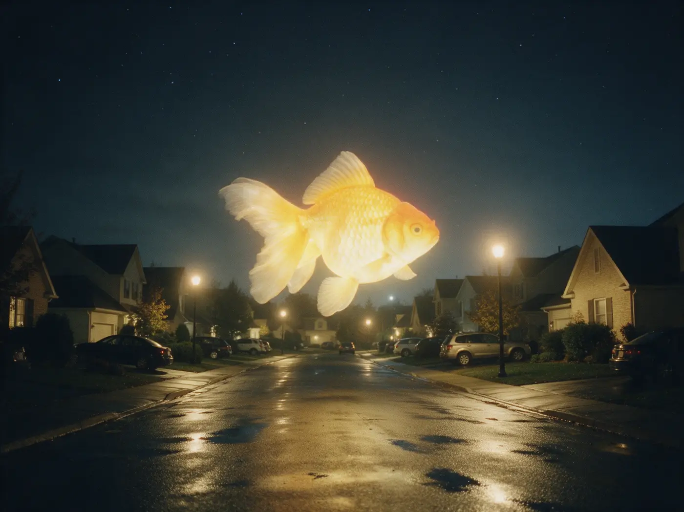 A glowing goldfish floating above a sleeping street